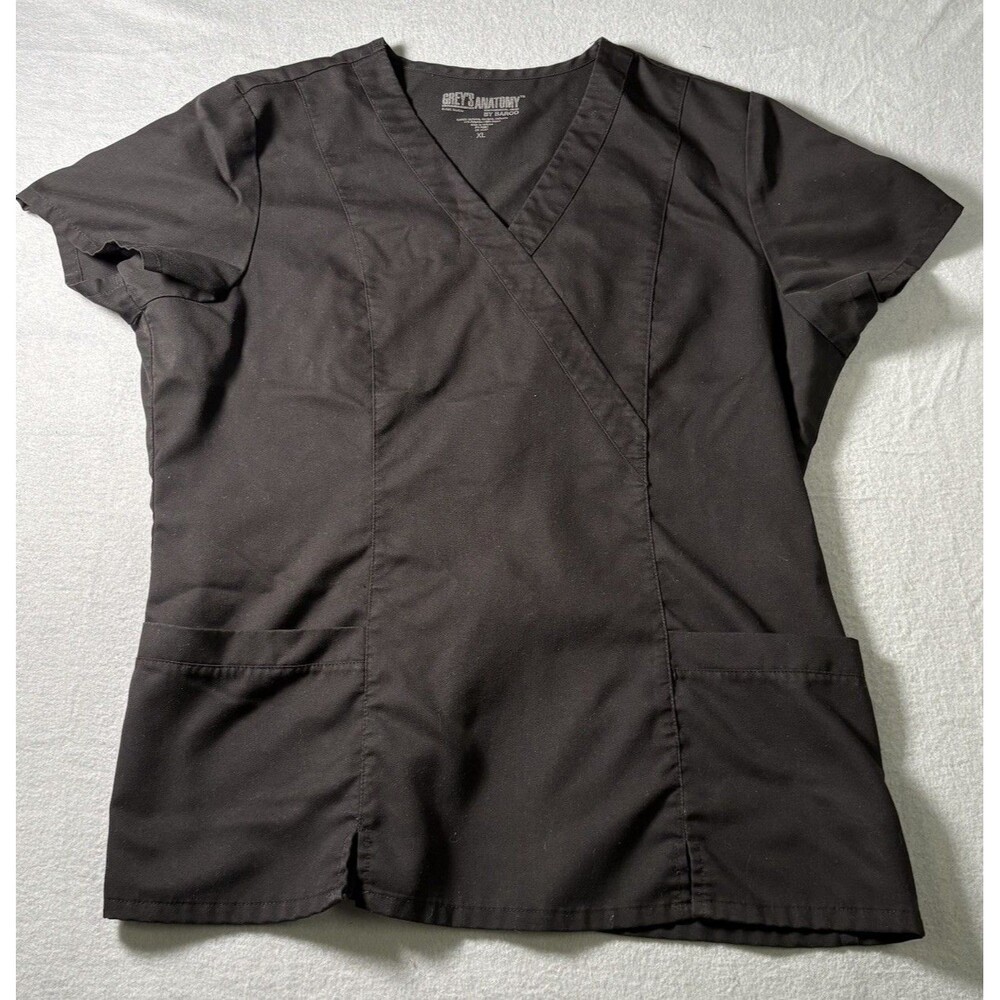 Grey’s Anatomy Scrub Top XL Black Mock Wrap Stretch Medical Uniform Nurse
